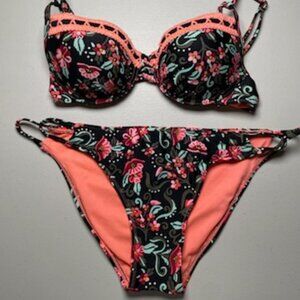 Xhilaration Black Neon Floral Underwire Bikini Set, Size Large